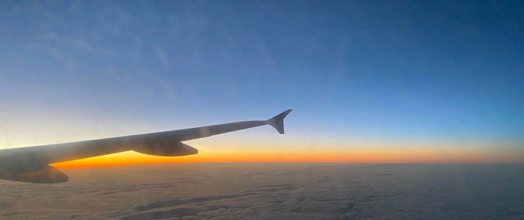 Plane wing and early morning sky.