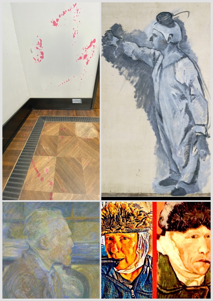 Colllage of 4 pictures/paintings. Top left- red paint splattered in the floor and wall of a museum in Berlin; Top right- The Clown by Toulouse Lautrec (self portrait of a clown with shortened legs in black and white on a cream background; Bottom left- Van Gough portrait by Toulouse Lautrec; Bottom Right- Van Gough portrait with a bandaged ear and man with a bandaged ear. 