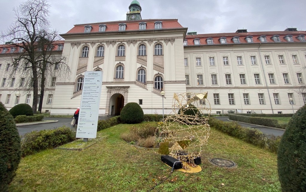 Rudolph Virchow Clinic Berlin with formal gardens in foreground
