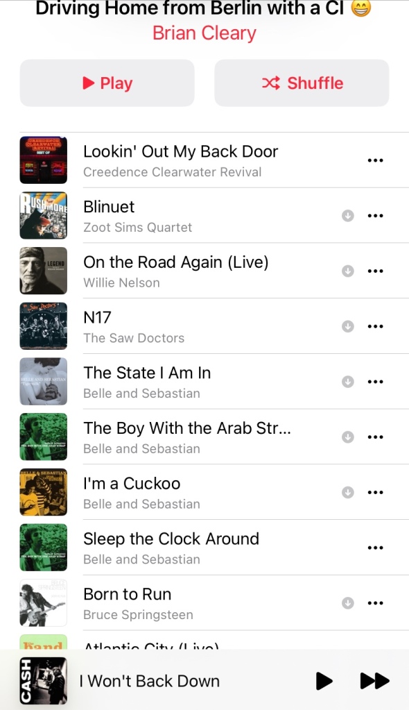 Playlist screenshot: Lookin’ our my back door (Creedence Clearwater Revival), Blinuet (Zoot Sims Quartet), On the Road Again (Willie Nelson), N17 (The Sawdoctors), The State I’m In (Belle and Sebastian)