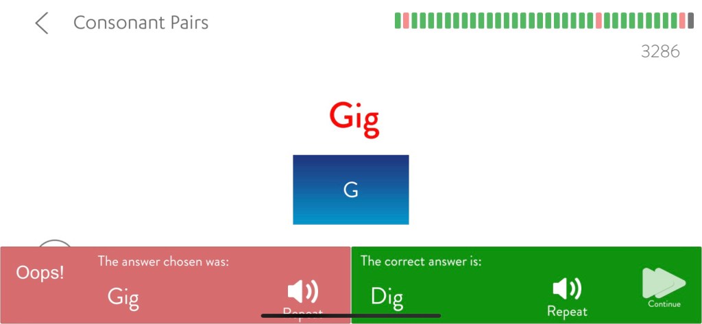 Screen showing hearoes CI rehab app interface. I have selected the wrong answer (Gig) when doing consonant pair testing (Dig was the correct answer)