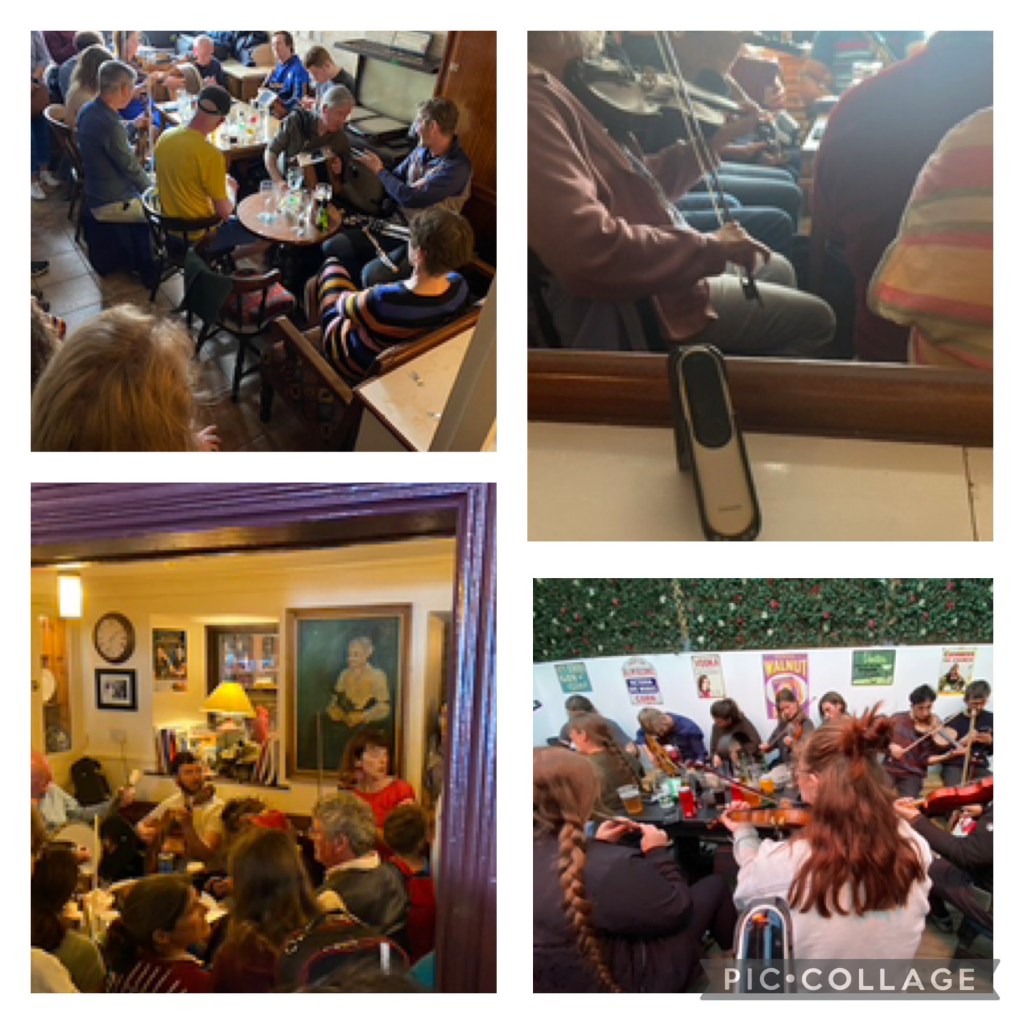 Photo collage of multiple pub sessions at the Willie Clancy Summer School in Miltown Malbay with a Roger On near the musicians in some of the photos. Instruments include fiddle, guitar, concertina and banjo. 