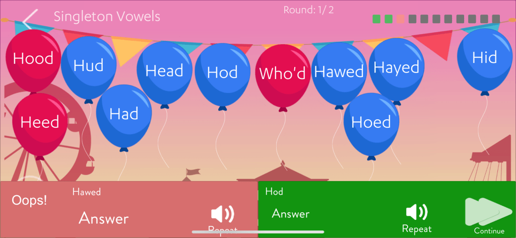 Screenshot from auditory training software (Hearoes). Possible responses include hood, hud, head, hod, who’d, hawed, hayed, hid, heed, had, hoed. These are all presented within floating balloons that are selected as part of the training. In this case I have selected the wrong option (hod instead of hawed)